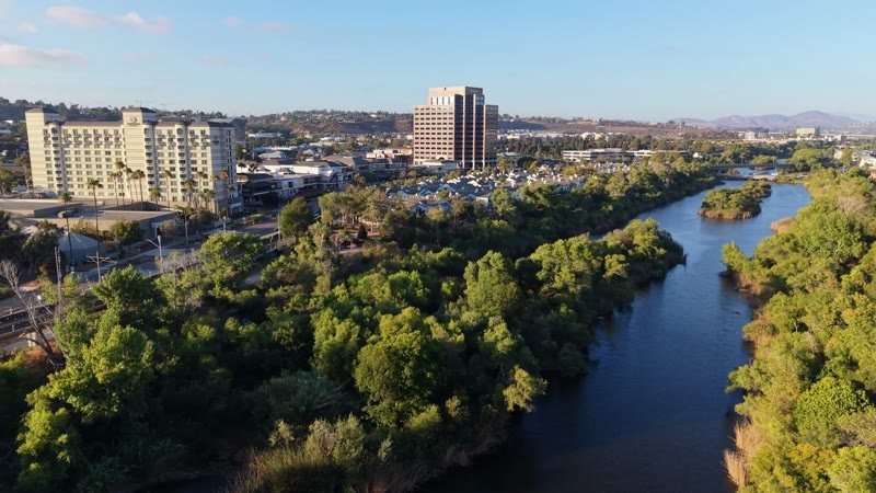Lush San Diego River Bend Below the Mission Valley Skyline – Elevated Perspective