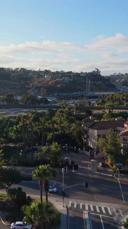 Mission Valley Streetscape with Apartments and Freeway Beyond at Morning – Overhead Detail (Vertical)
