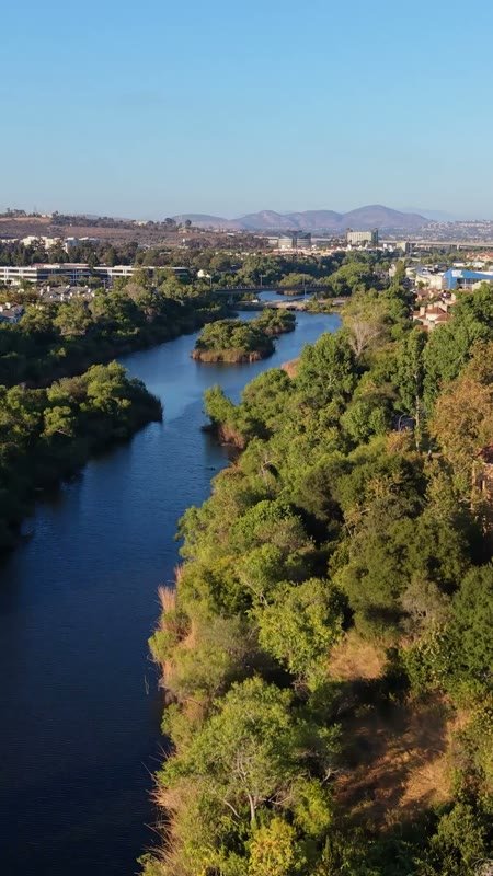 San Diego River Winding Past Riverside Townhomes in Mission Valley – Overhead Detail (Vertical)