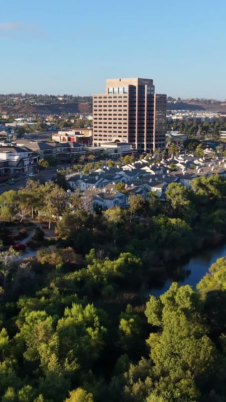Mission Valley Hotel District and Trolley Along the San Diego River – Elevated Perspective (Vertical)
