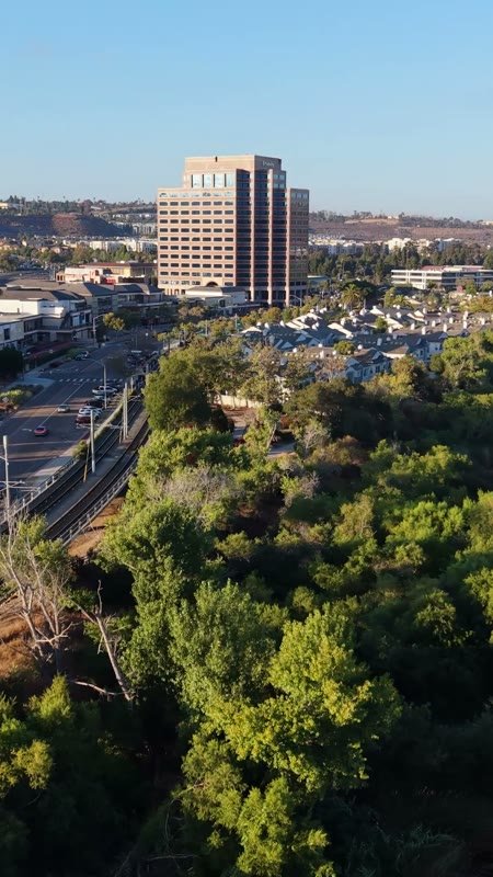 Lush San Diego River Bend Below the Mission Valley Skyline – Overhead Detail (Vertical)