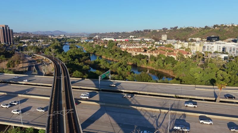San Diego River and the Interstate 8 Bridge Beside Mission Valley Apartments – Aerial View