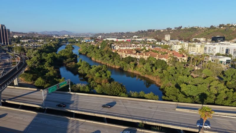 San Diego River and the Interstate 8 Bridge Beside Mission Valley Apartments – Elevated Perspective