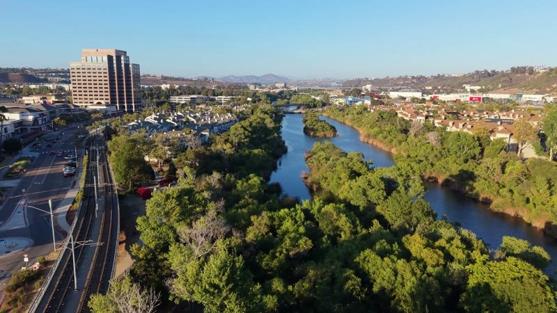 San Diego River Reflections Beside the Trolley Line and Office Tower – Elevated Perspective