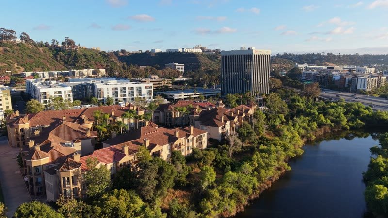 Riverside Mediterranean Apartments and Pool Along the San Diego River – Aerial View