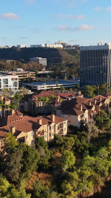 Riverside Mediterranean Apartments and Pool Along the San Diego River – Aerial View (Vertical)