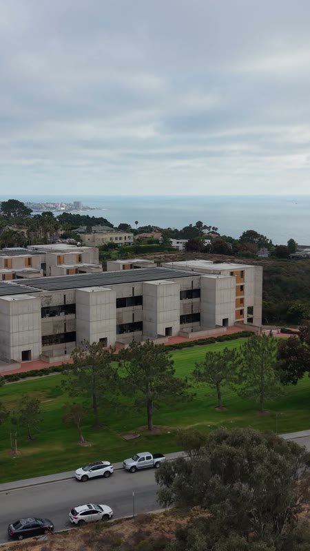 Salk Institute Brutalist Laboratories Overlooking the La Jolla Coast – Aerial View (Vertical)