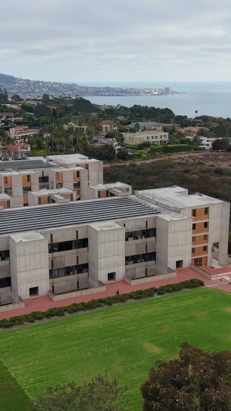 Salk Institute’s Twin Concrete Wings Above the La Jolla Bluffs – Aerial View (Vertical)