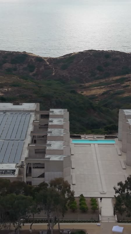 Aerial Profile of the Salk Institute Above La Jolla Shores – Low Drone Approach (Vertical)