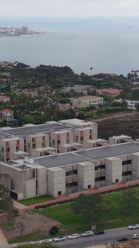 Aerial Profile of the Salk Institute Above La Jolla Shores – Elevated Perspective (Vertical)