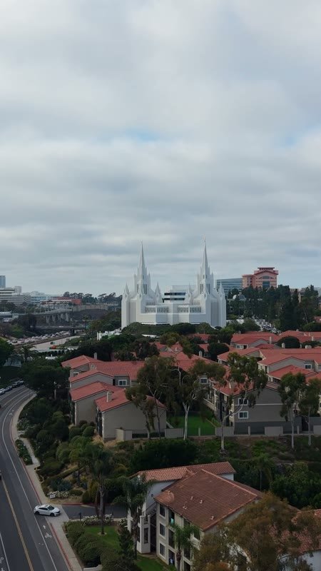 San Diego California Temple Spires Above La Jolla Village Rooftops (Vertical)