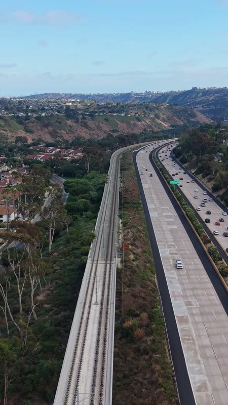 Interstate 5 and the Trolley Line Winding Through University City (Vertical)