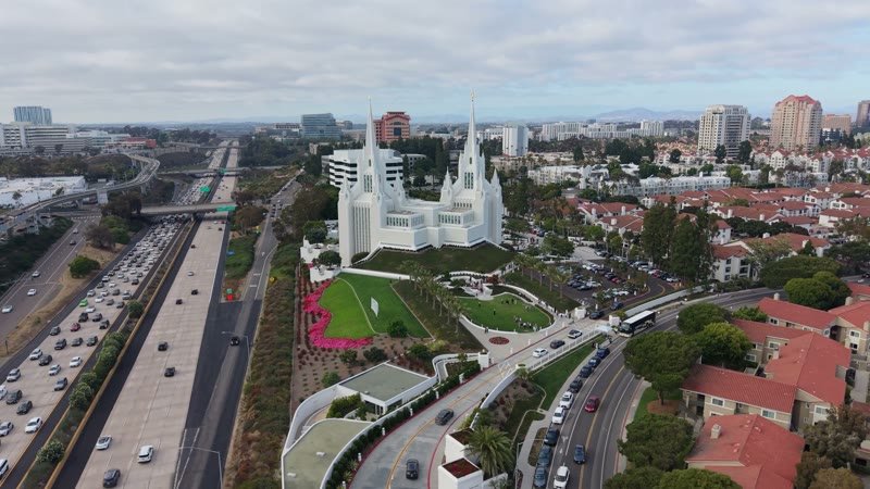 San Diego California Temple and Gardens Beside the I-5 Freeway