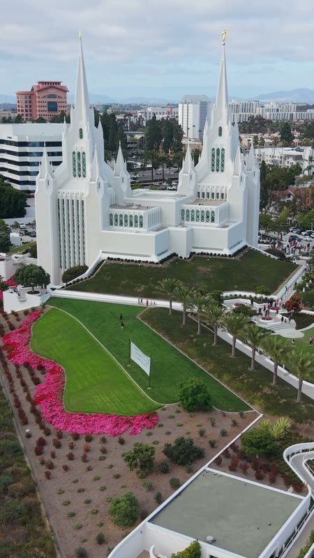 Frontal View of the San Diego California Temple’s White Spires and Grounds (Vertical)