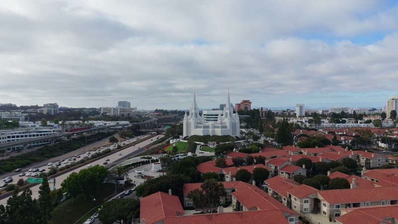 San Diego Temple Rising Beyond University City Rooftops – Elevated Perspective