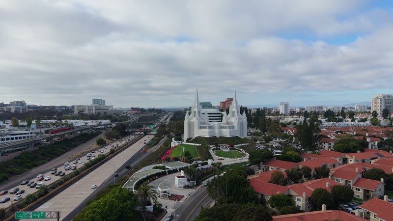 San Diego Temple Rising Beyond University City Rooftops – Overhead Detail