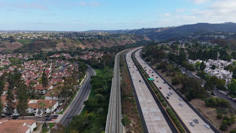 Interstate 5 and the Trolley Line Winding Through University City – Golden Hour Frame