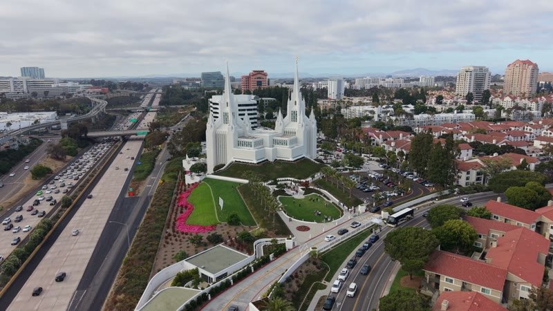San Diego California Temple and Gardens Beside the I-5 Freeway – Aerial View