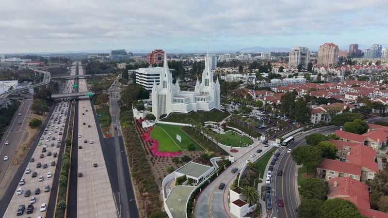 San Diego California Temple and Gardens Beside the I-5 Freeway – Wide Establishing Frame