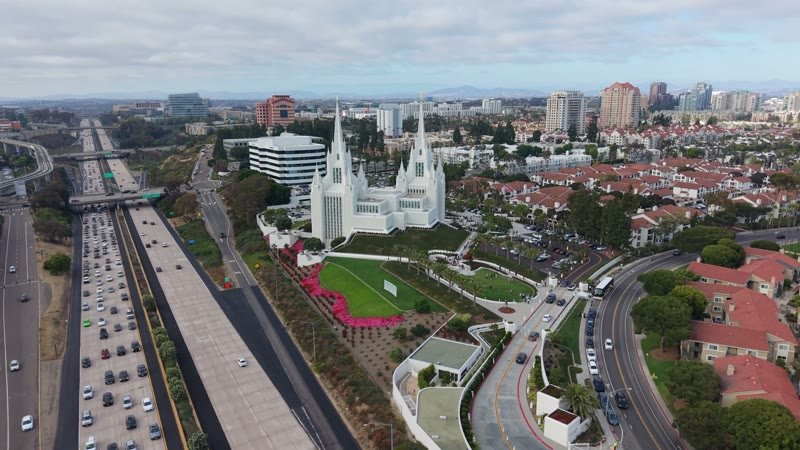 San Diego California Temple and Gardens Beside the I-5 Freeway – Overhead Detail