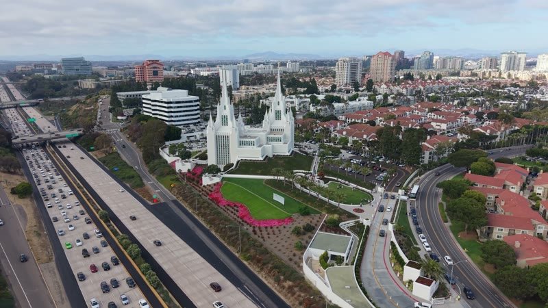 San Diego California Temple and Gardens Beside the I-5 Freeway – Golden Hour Frame