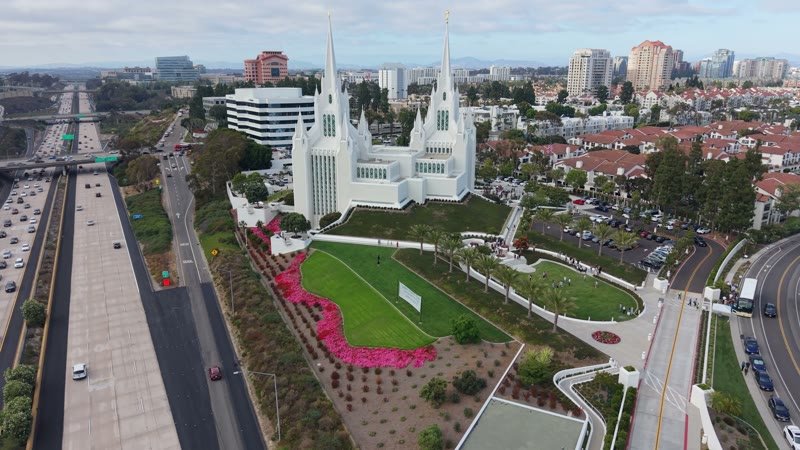 Frontal View of the San Diego California Temple’s White Spires and Grounds – Aerial View