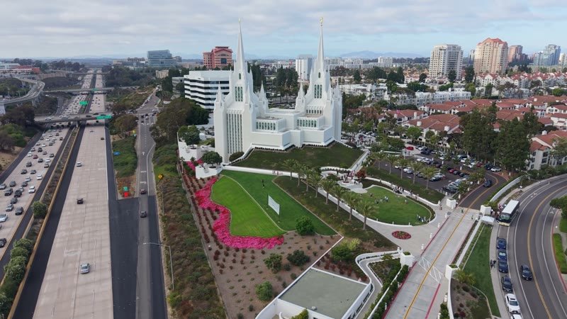 Frontal View of the San Diego California Temple’s White Spires and Grounds – Elevated Perspective