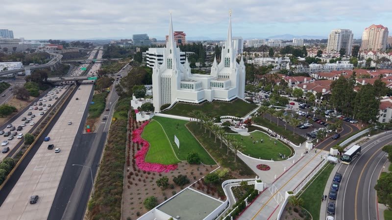 Frontal View of the San Diego California Temple’s White Spires and Grounds – Wide Establishing Frame
