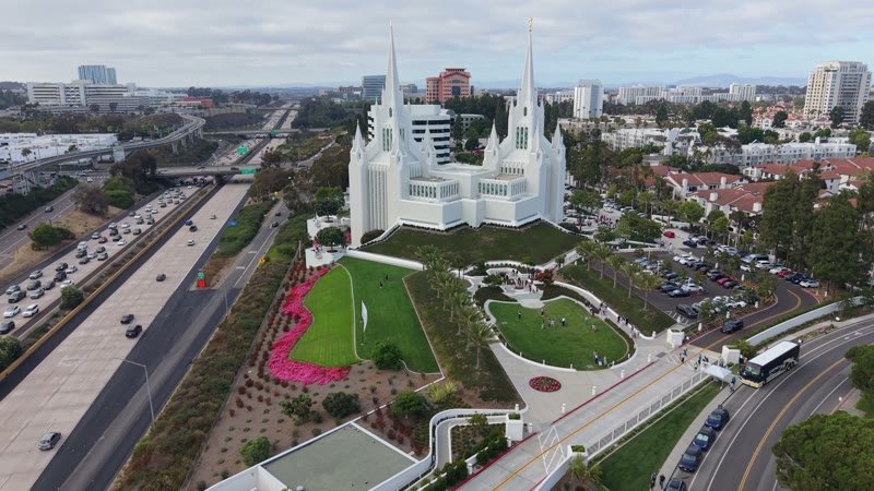 Frontal View of the San Diego California Temple’s White Spires and Grounds – Overhead Detail