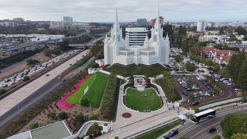 Frontal View of the San Diego California Temple’s White Spires and Grounds – High-Angle Panorama