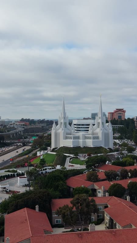 San Diego Temple Rising Beyond University City Rooftops – Elevated Perspective (Vertical)