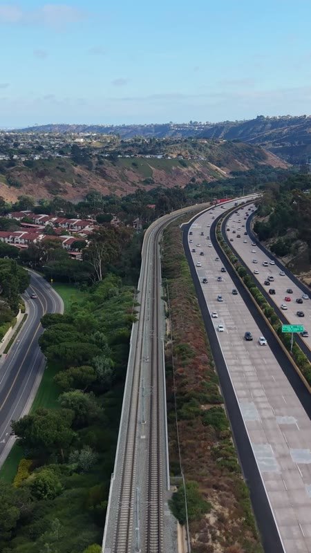 Interstate 5 and the Trolley Line Winding Through University City – Golden Hour Frame (Vertical)