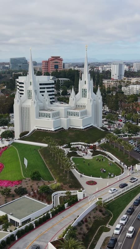 San Diego California Temple and Gardens Beside the I-5 Freeway – Aerial View (Vertical)