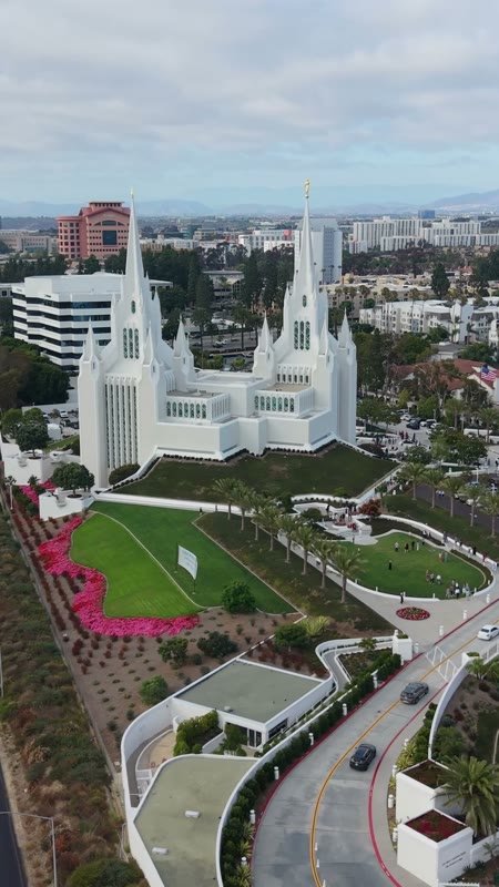San Diego California Temple and Gardens Beside the I-5 Freeway – Wide Establishing Frame (Vertical)