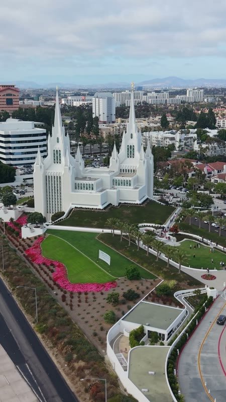 San Diego California Temple and Gardens Beside the I-5 Freeway – Overhead Detail (Vertical)