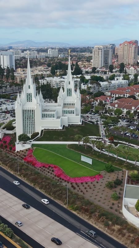 San Diego California Temple and Gardens Beside the I-5 Freeway – High-Angle Panorama (Vertical)