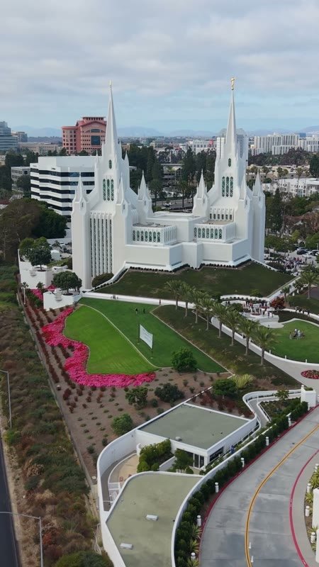 Twin-Spired San Diego Temple Above University City at Midday – Elevated Perspective (Vertical)