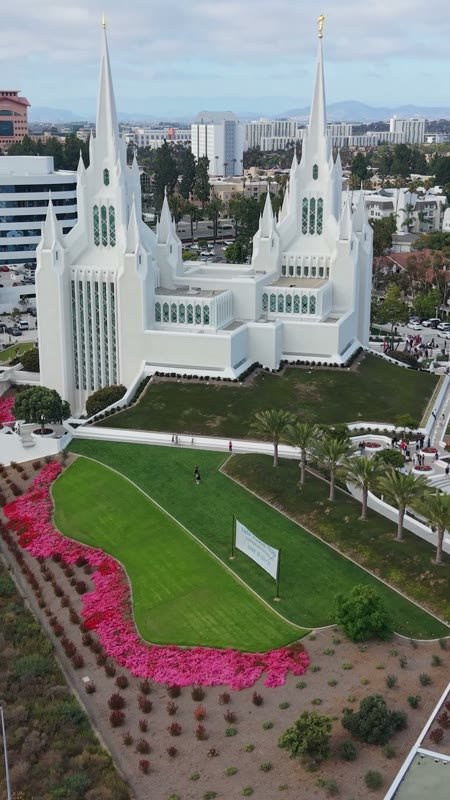 Twin-Spired San Diego Temple Above University City at Midday – Overhead Detail (Vertical)