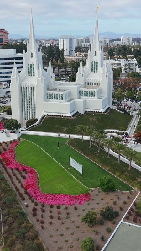 Frontal View of the San Diego California Temple’s White Spires and Grounds – Aerial View (Vertical)
