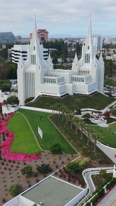 Frontal View of the San Diego California Temple’s White Spires and Grounds – Wide Establishing Frame (Vertical)