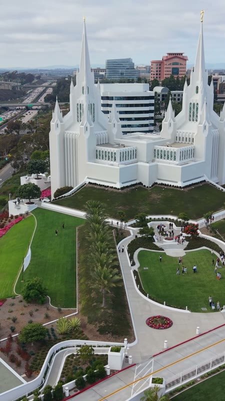 Frontal View of the San Diego California Temple’s White Spires and Grounds – Golden Hour Frame (Vertical)