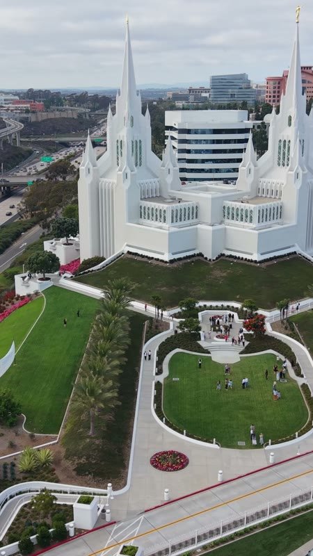 Frontal View of the San Diego California Temple’s White Spires and Grounds – High-Angle Panorama (Vertical)