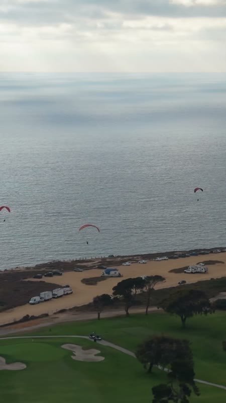 Paragliders Soaring Over the Pacific at Torrey Pines Gliderport – Wide Establishing Frame (Vertical)