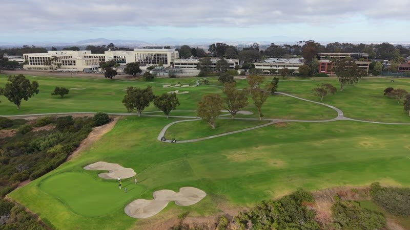 Golfers on the Green at Torrey Pines with the City Mesa Beyond – Overhead Detail