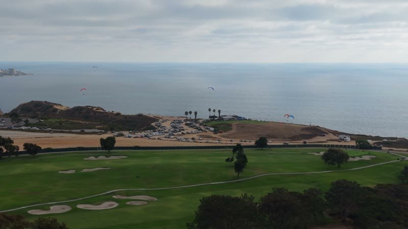 Torrey Pines Fairways with Paragliders Drifting Over the Sea – Wide Establishing Frame