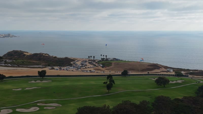 Torrey Pines Fairways with Paragliders Drifting Over the Sea – Overhead Detail