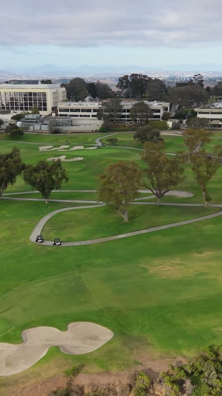 Golfers on the Green at Torrey Pines with the City Mesa Beyond – Overhead Detail (Vertical)
