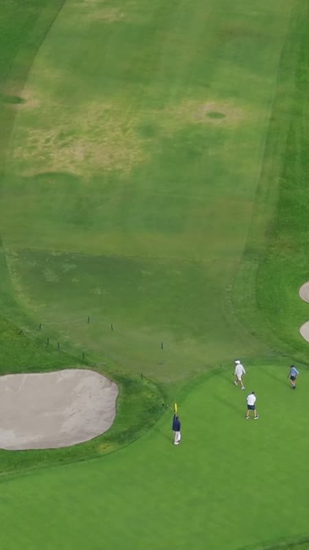 Overhead of a Torrey Pines Green Framed by Twin Sand Bunkers – Aerial View (Vertical)
