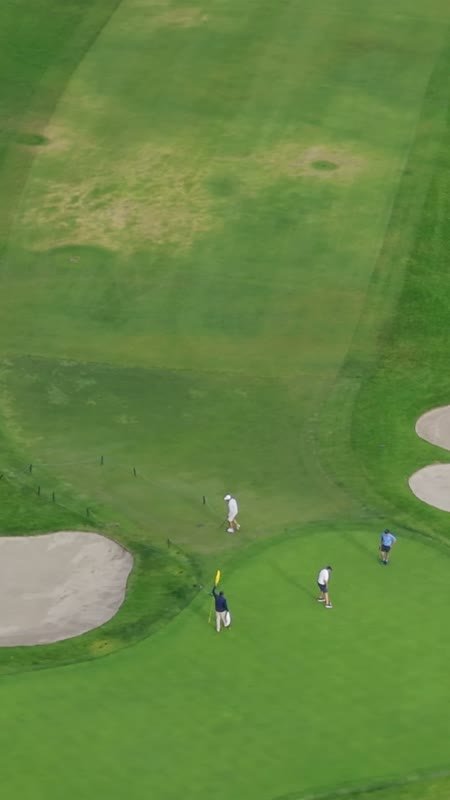 Overhead of a Torrey Pines Green Framed by Twin Sand Bunkers – Elevated Perspective (Vertical)