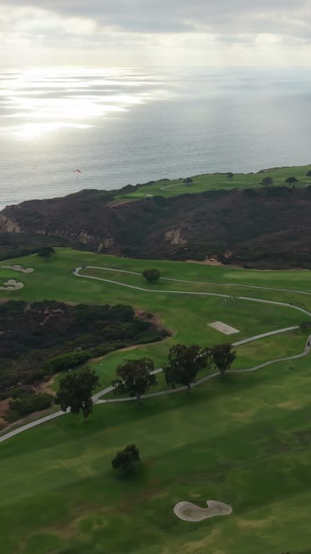 Clifftop Fairways of Torrey Pines Overlooking the Sunlit Pacific – Wide Establishing Frame (Vertical)